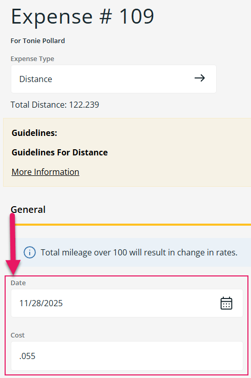 Page D&eacute;pense champs Date et Co&ucirc;t