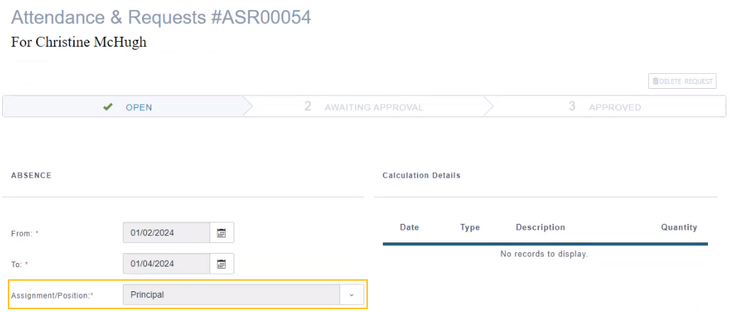 Attendance & Requests page Assignment/Position field